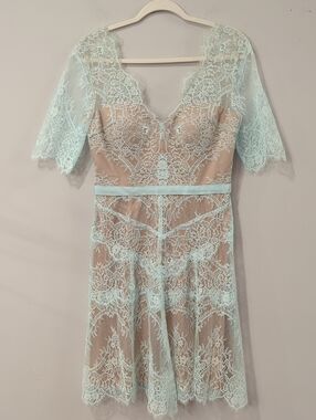 Catherine Deane Lace Mini Dress in Aqua and Blush size 8